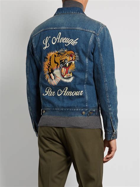 gucci green tiger jacket|gucci denim jacket with embroideries.